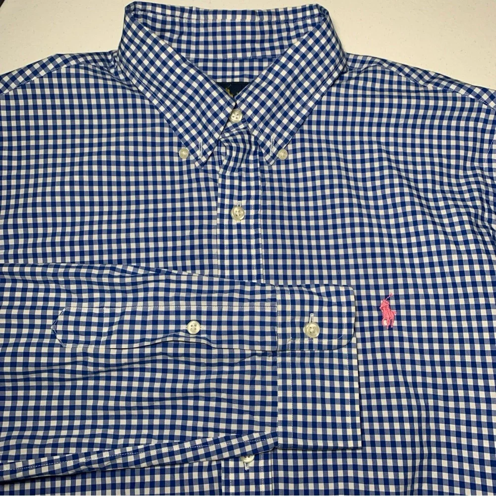 RALPH LAUREN MENS LARGE LONG SLEEVE PLAID SHIRT OXFORD LONG SLEEVE BLUE PINK PON